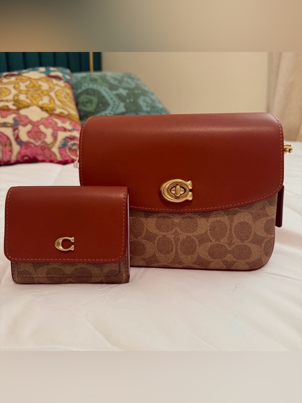 Coach Brown Leather & Signature Canvas Turnlock Shoulder Bag with Wallet